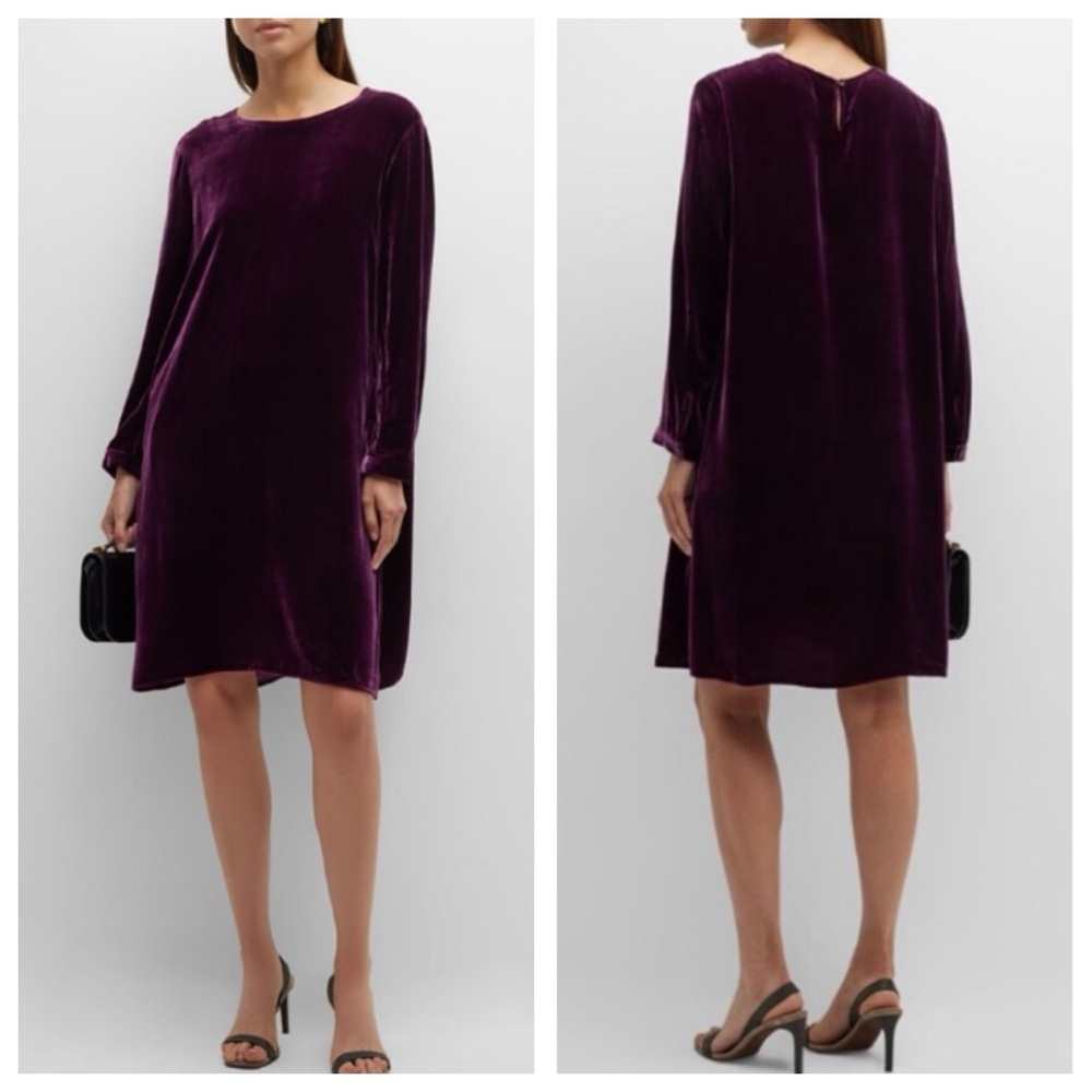 Eileen Fisher NWT Velvet Crew Neck Shift Dress w/Pockets Purple Silk Blend
